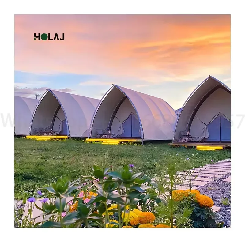 Sail Shaped Glamping Lodge | Anti-Snow PVC Coated Oxford Fabric Metal Frame Cabin for Floral Lawn Resort Custom Specification