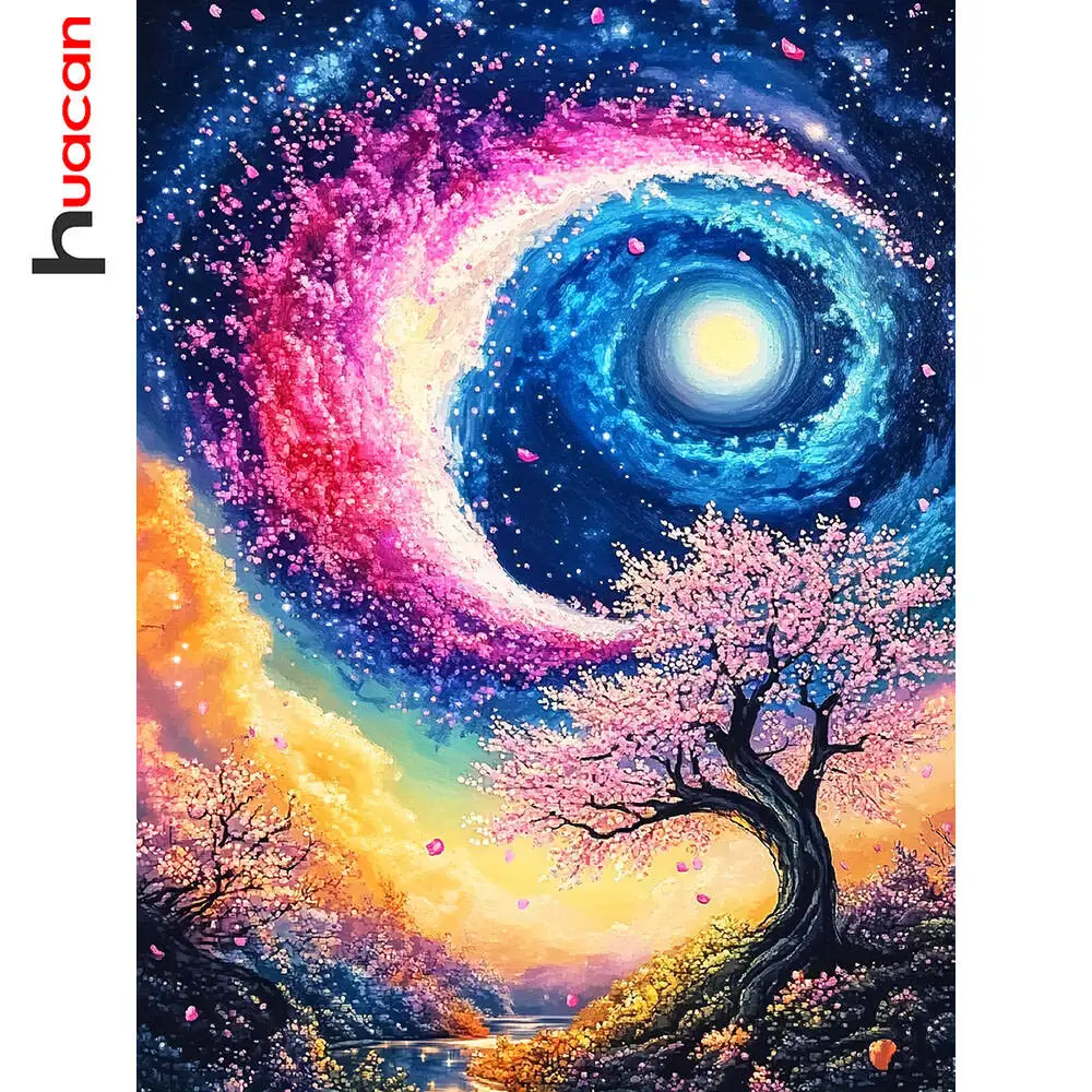 Huacan Neuheiten 2025, Diamantmalerei, Planet, Baum, Mond, Diamantmosaik, Landschaft, komplettes Set, Bastelset