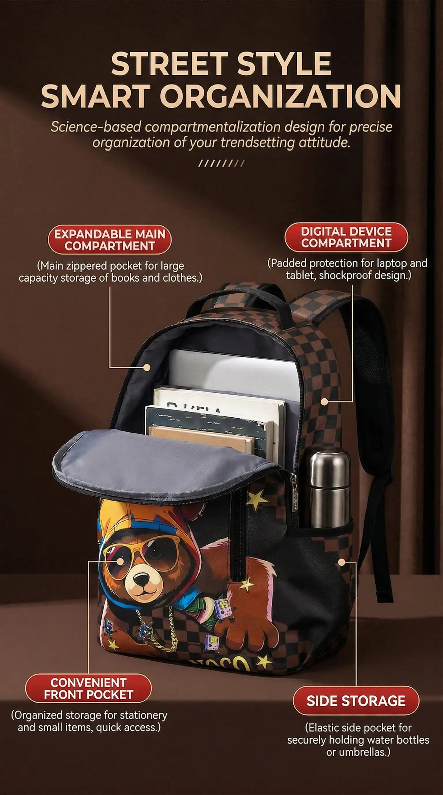 A Hip-Hop Street-Style Backpack with Spray-Painted Ground-Pattern Design, This Is a New Trendy Lightweight Printed Backpack, Also a Fashionable Outdoor Commuter Bag, Large-Capacity Travel Bag, Multifu image 4
