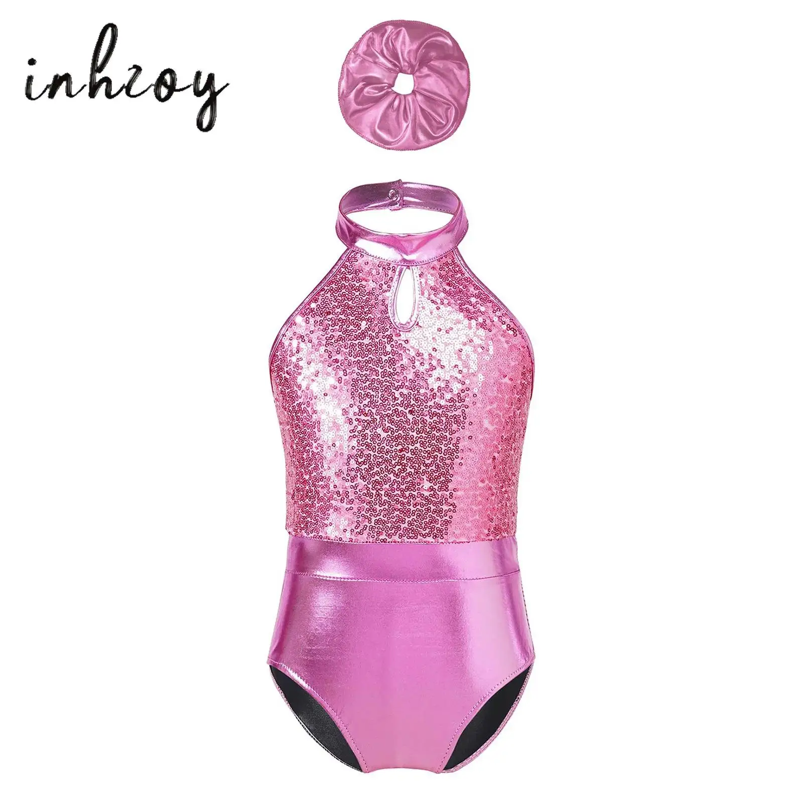 

Kids Sequin Gymnastics Bodysuit for Girls Tutu Halter Sleeveless Skating Jumpsuit Children Ballet Dance Leotards with Hairband