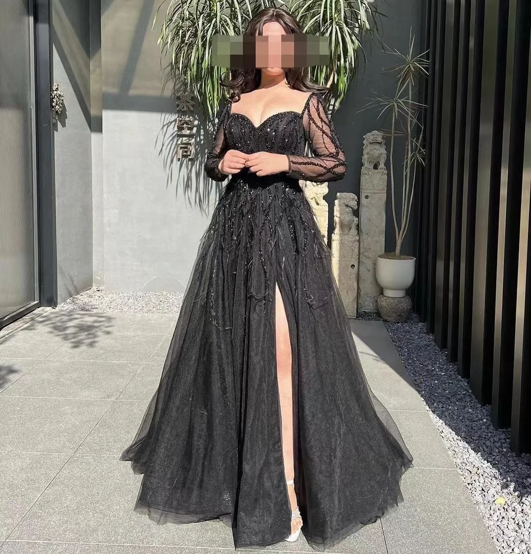 Glitter Prom Dresses Tulle Formal Party Gown Side High Slit Sleeveless Luxury Sweetheart Customized Evening Dress Gala Feather