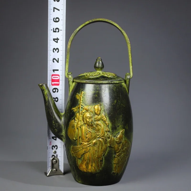 Antique Collectible Teapot and Wine Flask Eight Immortals Motif, Bronze Color with Gilt Decoration for Collecting an