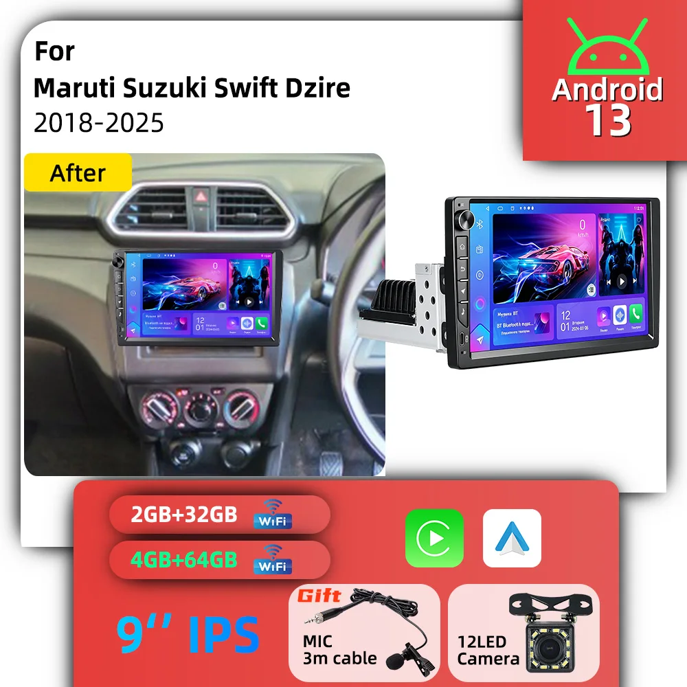 Autoradio Android 1 Din avec écran IPS 9 pouces pour Maruti Suzuki Swift Dzire 2018-2025, CarPlay, GPS, multimédia, autoradio, unité principale