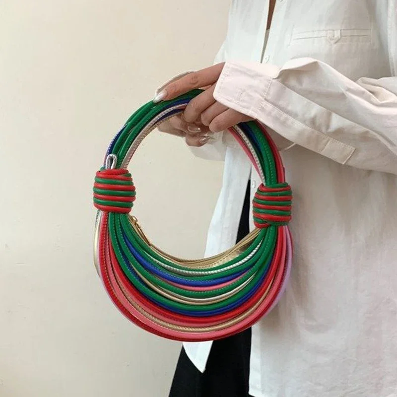 Women Color Half-Moon Hobo Bags Chic Messenger Bags Luxury Designer Handwoven Noodle Rope Knotted Pulled Handbags Evening Clutch