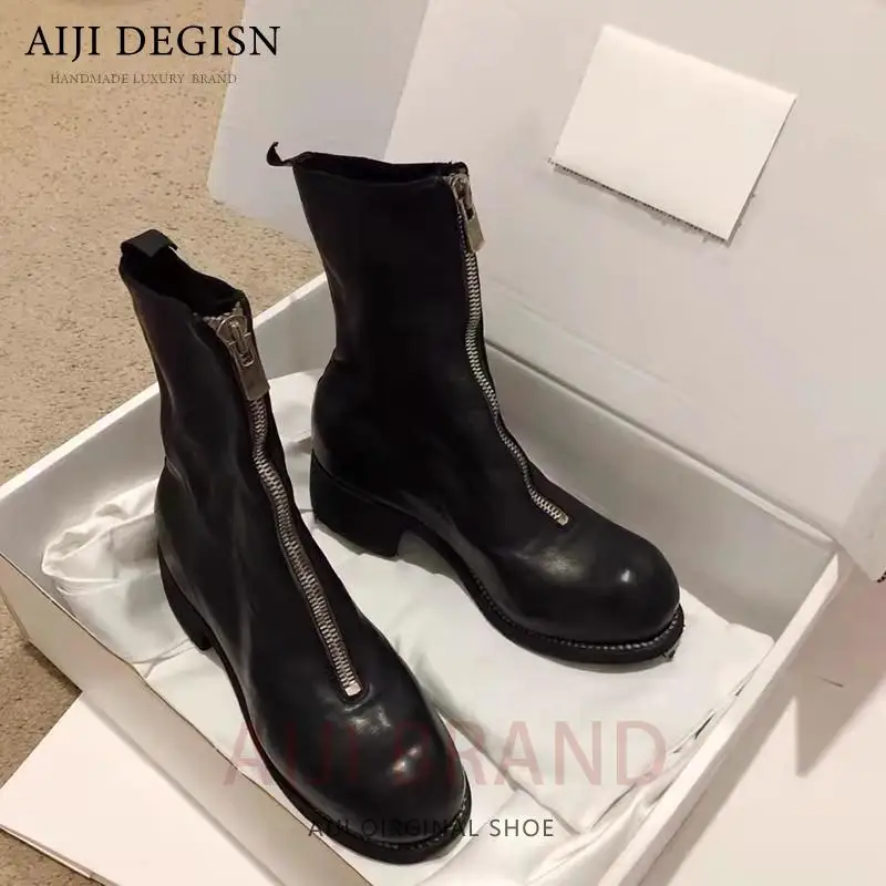 

Genuine Leather Front Zipper Trendy Mid Calf Knight Boots Luxury Men Shoes Street Fashion Chelsea Boots Outdoor Motorcycle Boots