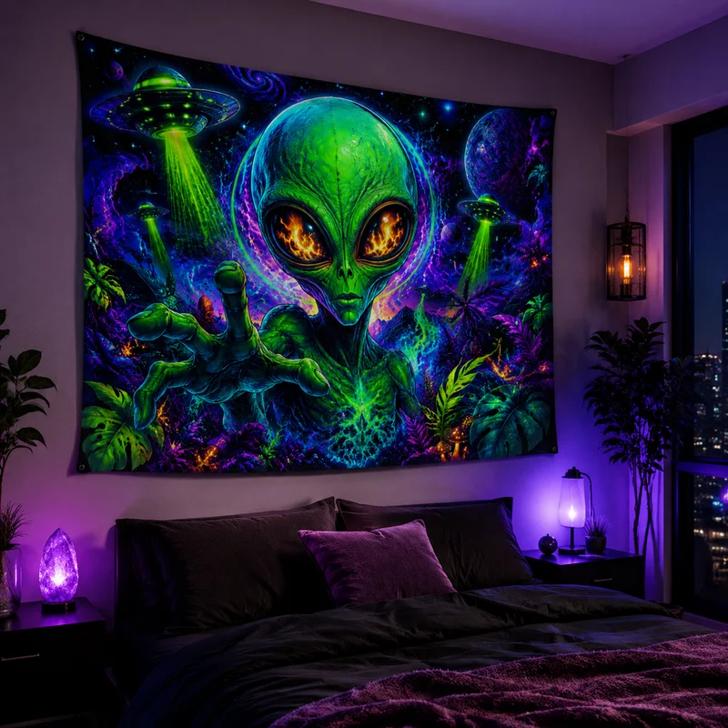VIKAMA Psychedelic Laser-Eyed Alien Tapestry, Fluorescent Green Alien Ufo Sci-Fi Wall Hanging, e-Sports Bedroom Home Decoration