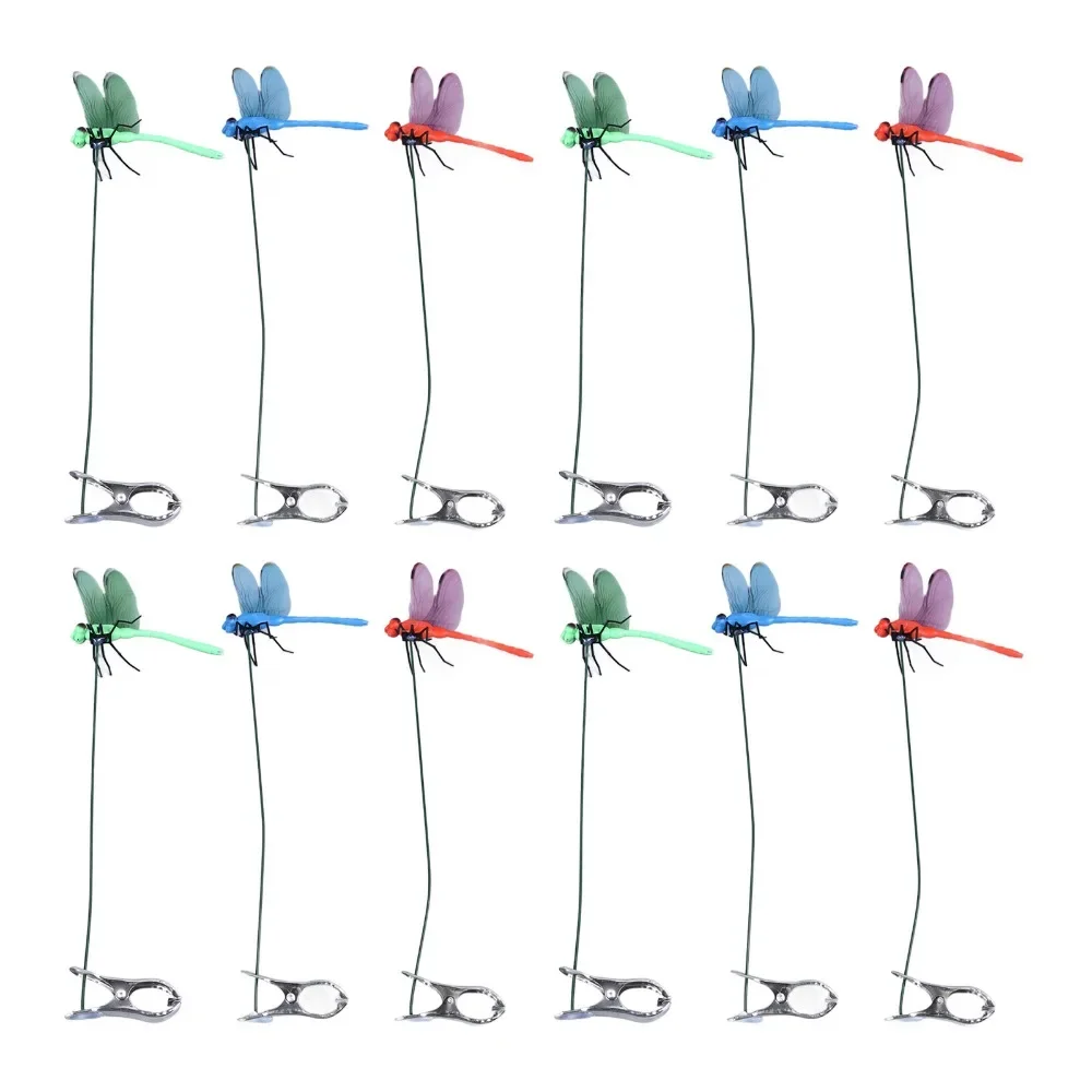 Fake Dragonfly Insert Rod Clip Repel Flies Decorative Clip 3D Dragonfly Decorative Clip Fake Dragonfly Clip12pcs Set Pole Clips