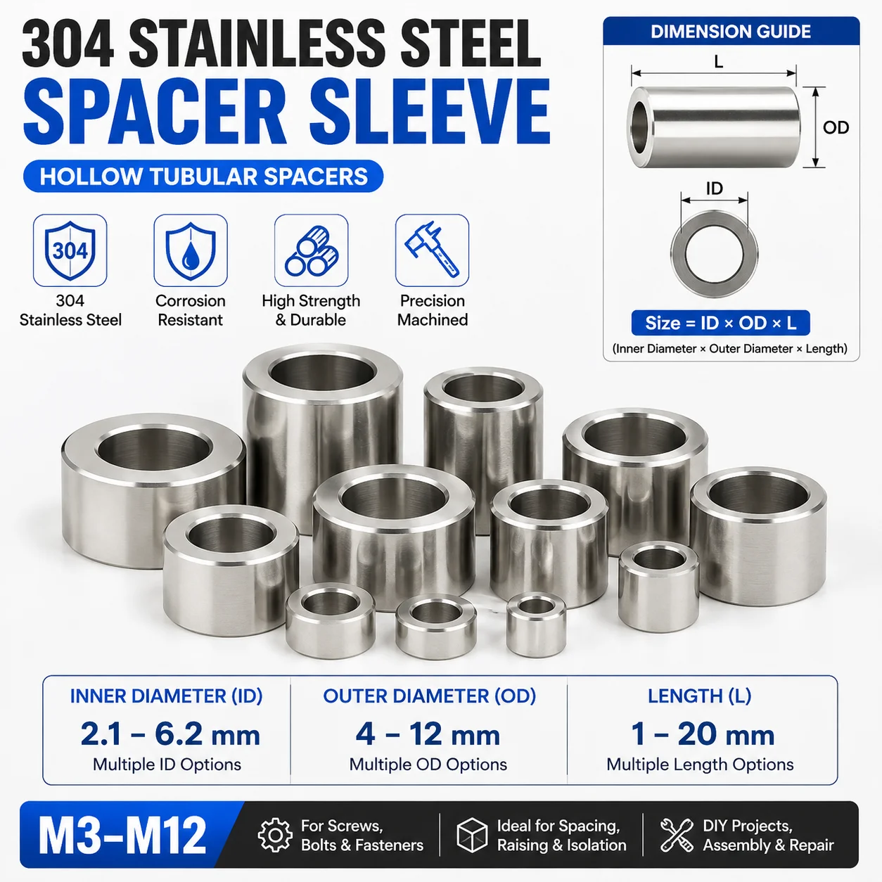 10 pcs 304 Stainless Steel Tubular Spacer Set Multiple Sizes 1-20mm Length Hollow Bushings for Screws and Mechanical Assembly