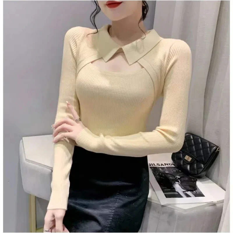 Korean Chic Autumn/Winter Sweaters Pullovers Women\'s Lapel Solid HollowTemperament Slim Long Sleeve Bottoming Shirt Knitted Tops