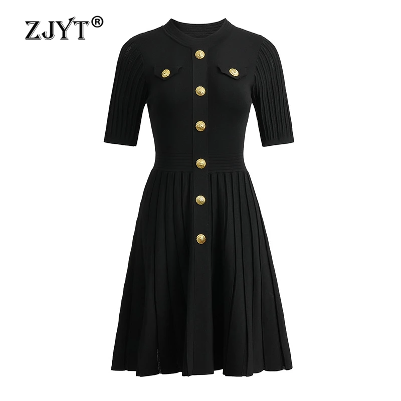 ZJYT New Summer 2026 Fashion Knit Dresses for Women Elegant Short Sleeve Beige Black Casual Daily Party Aline Dress Vestidos