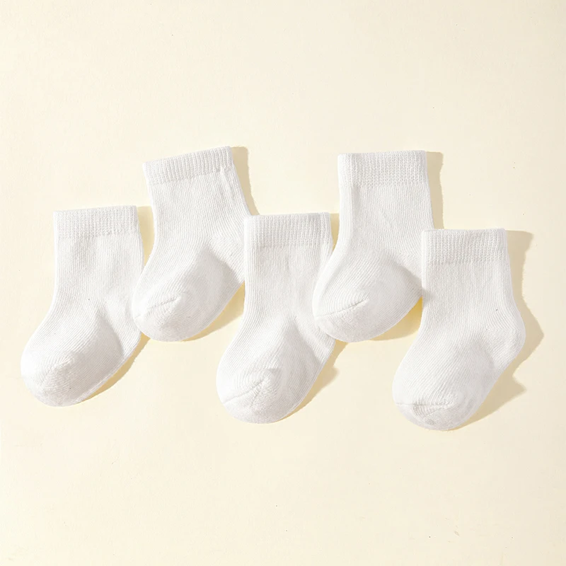 

5Pairs Baby White Cotton Socks 0-3Year Children Four Seasons Middle Tube Sock Sweat Absorption Breathable Kids Footwear Boy Girl