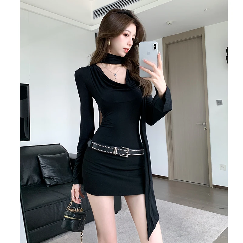 Fall 2025 Korean Sle Long Sve Bodycon Dr Women's High Waist ort Skirt Slimming Effect Ladylike Pure Desire