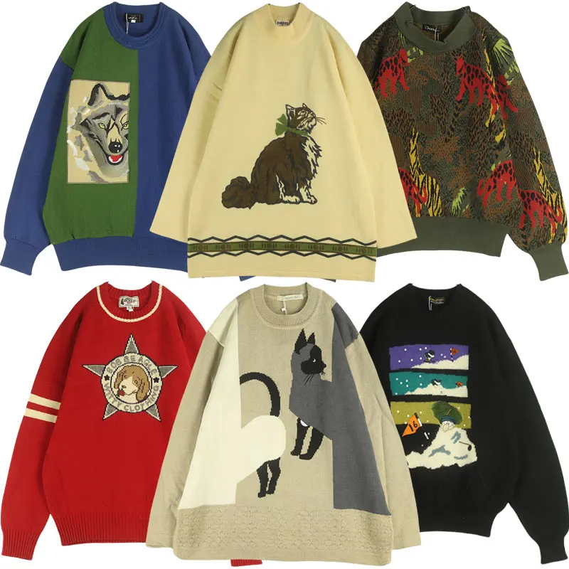 

Vintage Oversized Crew Ne Pullover Sweater Embroidered Cartoon Pattern Heavyweight Winter Faion Ladies' Knitwear