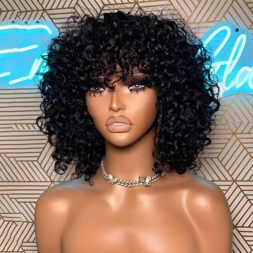 

Wear and Go Glueless Wig Human Hair Short Curly Bob Wig With Bangs Realistic Look 3x1 HD Lace Scalp 100% Brazilian Human Hair