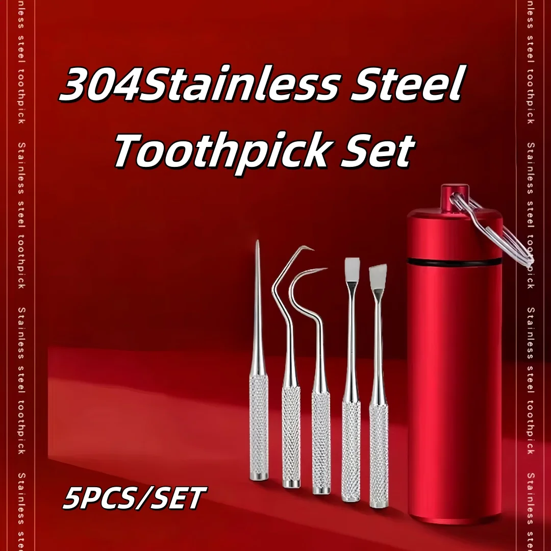 

5 шт./компл., зубочистки из нержавеющей стали, портативный красный чехол для хранения, многоразовый дорожный домашний сбор зубов, уход за полостью рта, инструменты для чистки зубов