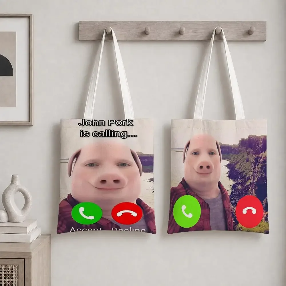 J-John Pork Is Calling Storage Bags Canvas Tote Bag Double-Sided Print Fashion Shoulder Shopping Bag Gift Handbags