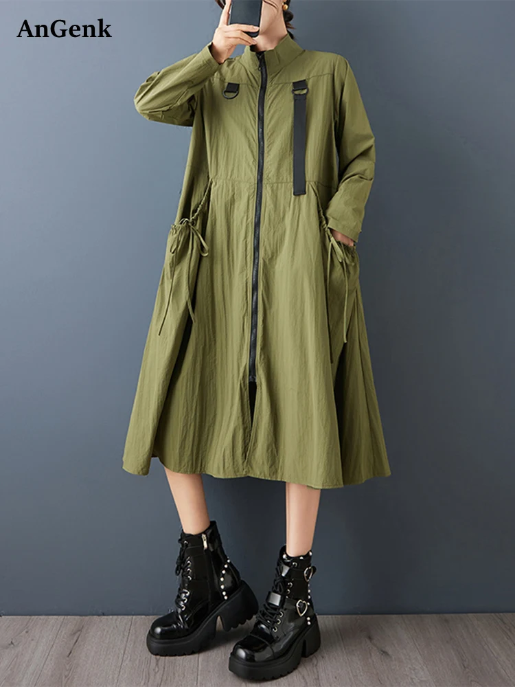 

Oversized Vintage Long Trench Coat For Women Zipper Pocket Casual Loose Fashion Outerwear Cardigan Clothes Spring Autumn 2025