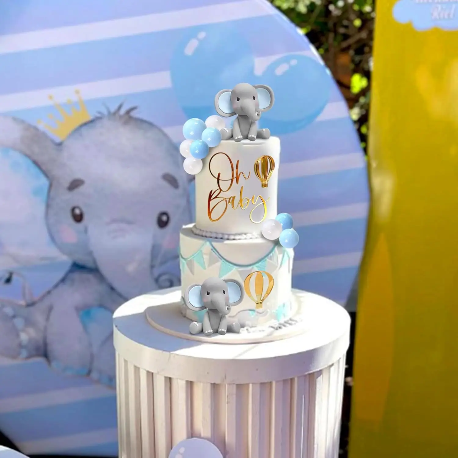 Olifant Taart Decoratie met Oh Baby Cake Topper Parel Ballen Heteluchtballon voor Baby Douche Jongen Olifant Thema Verjaardagsfeestje