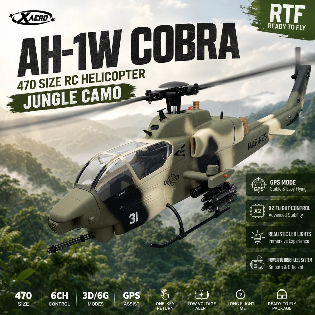 

Roban 470 Size AH-1W Cobra Jungle Camo RC Helicopter GPS Mode X2 Flight Control with Realistic LED Lights RTF Version