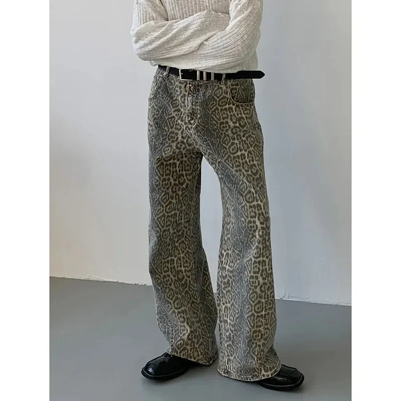 Women's Jeans Leopard High Waist Hip Hop Straight Pants Streetwear Harajuku Y2K Style Female Wide Leg Denim Trousers