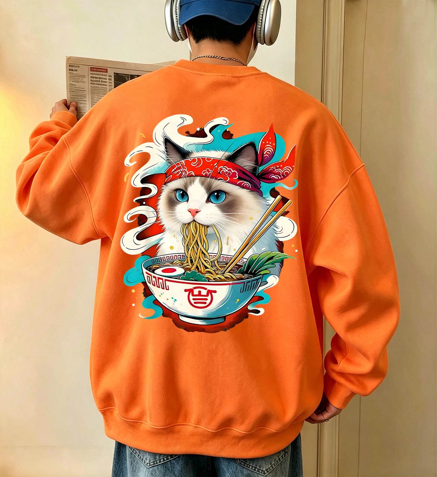 Katze kämpft mit Lamian-Nudeln bedruckter Herren-Fleece-Pullover, Vintage, lässig, langärmelig, Unisex, locker geschnittenes Basic-Sweatshirt – Detail 3