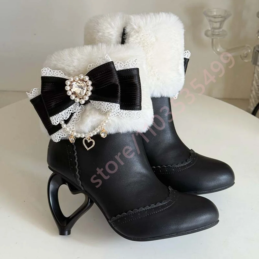 

Round Toe Bow-Shaped Heart-Shaped Snow Boots 2025 Winter New Sweet Girl Lolita Plush Short Boot Fashion Party Casual Stage Boots