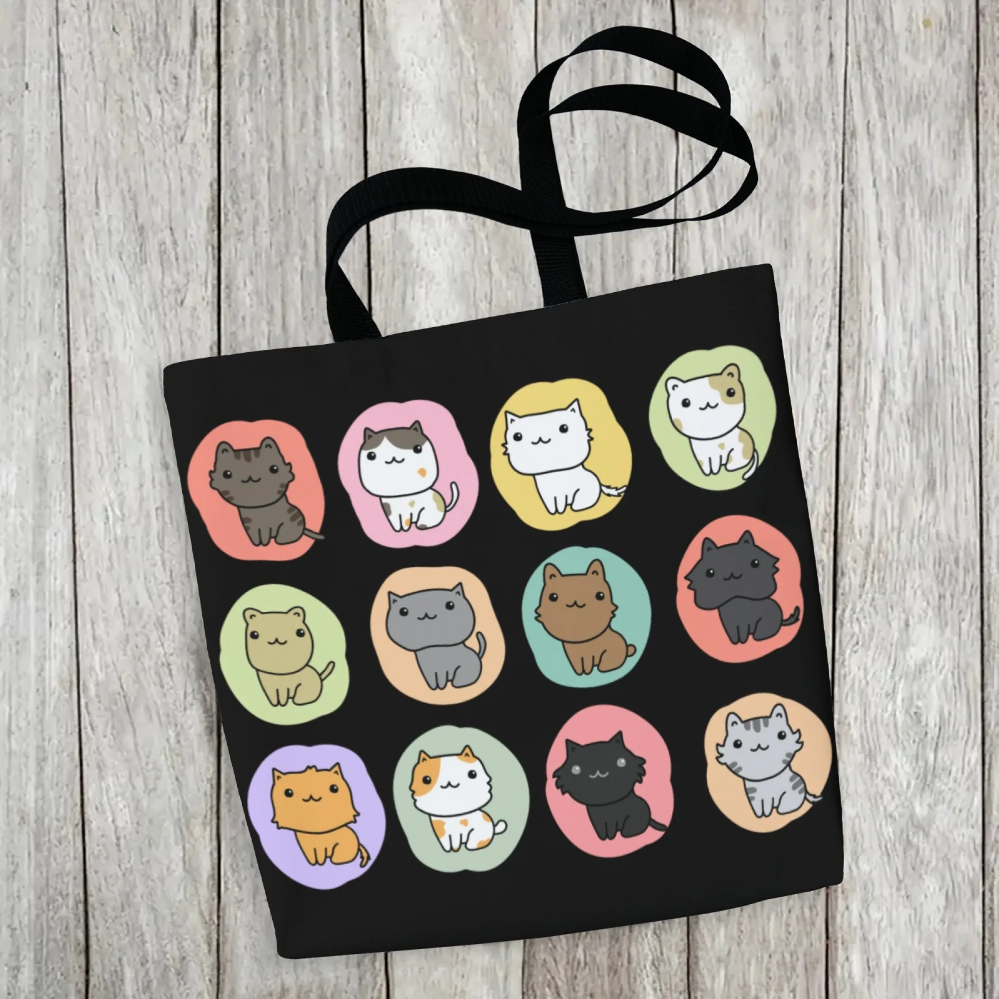 Bolsa tote de lona de gato kawaii coreano, estampa de gato preto para mulheres, bolsa reutilizável de moda, perfeita para viagens diárias estéticas fofas