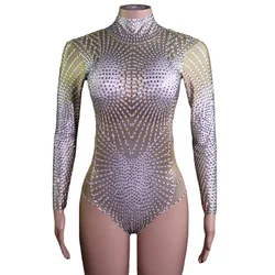 Sparkly Full Rhinestones Long Sleeve Leotard Nightclub Singer Dancer Stage Wear Performance Dance Costume Party Bodysuit