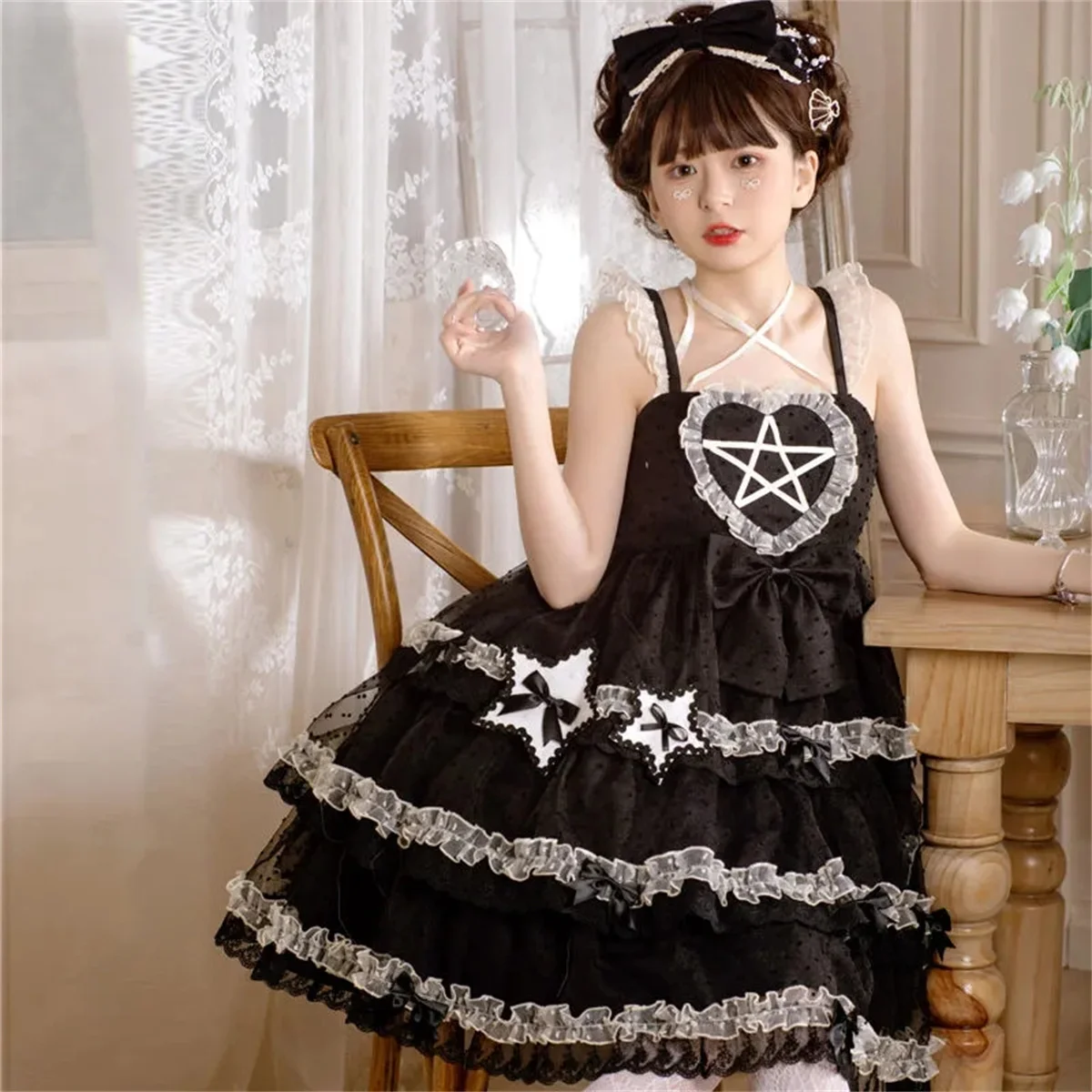 

French Kawaii Girl Jsk Cute Lolita Cosplay Black White Mesh Polka Dot Love Pentagram Lace Ruffled Ribbon Bow Backless Dress