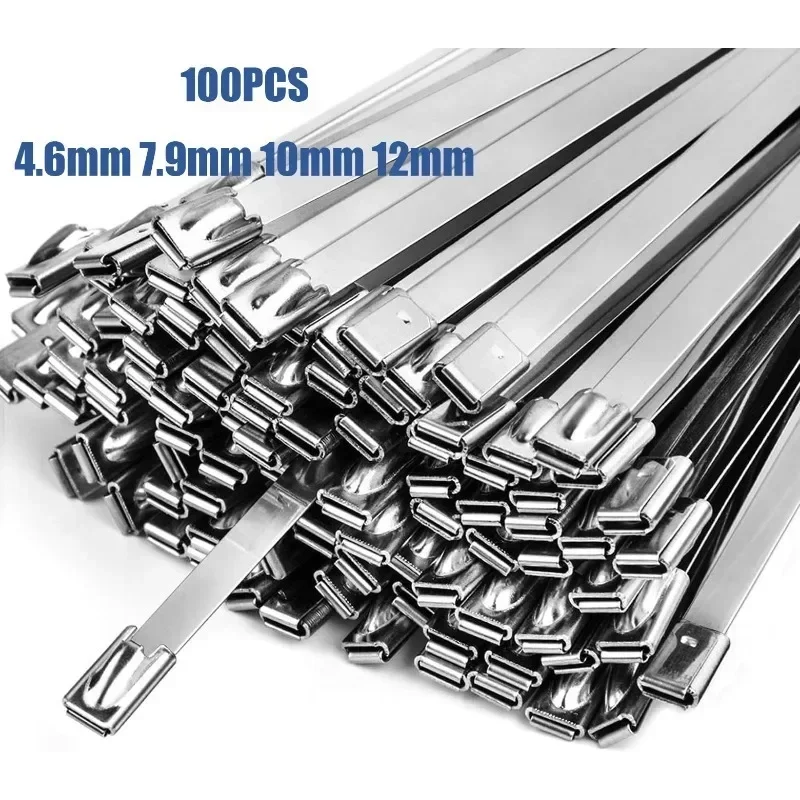 100pcs Stainless Steel Cable Ties Chain Link Fence Ties Multi-Purpose Self-Locking Metal Zip Ties 4.6/7.9/10/12mm Long Size