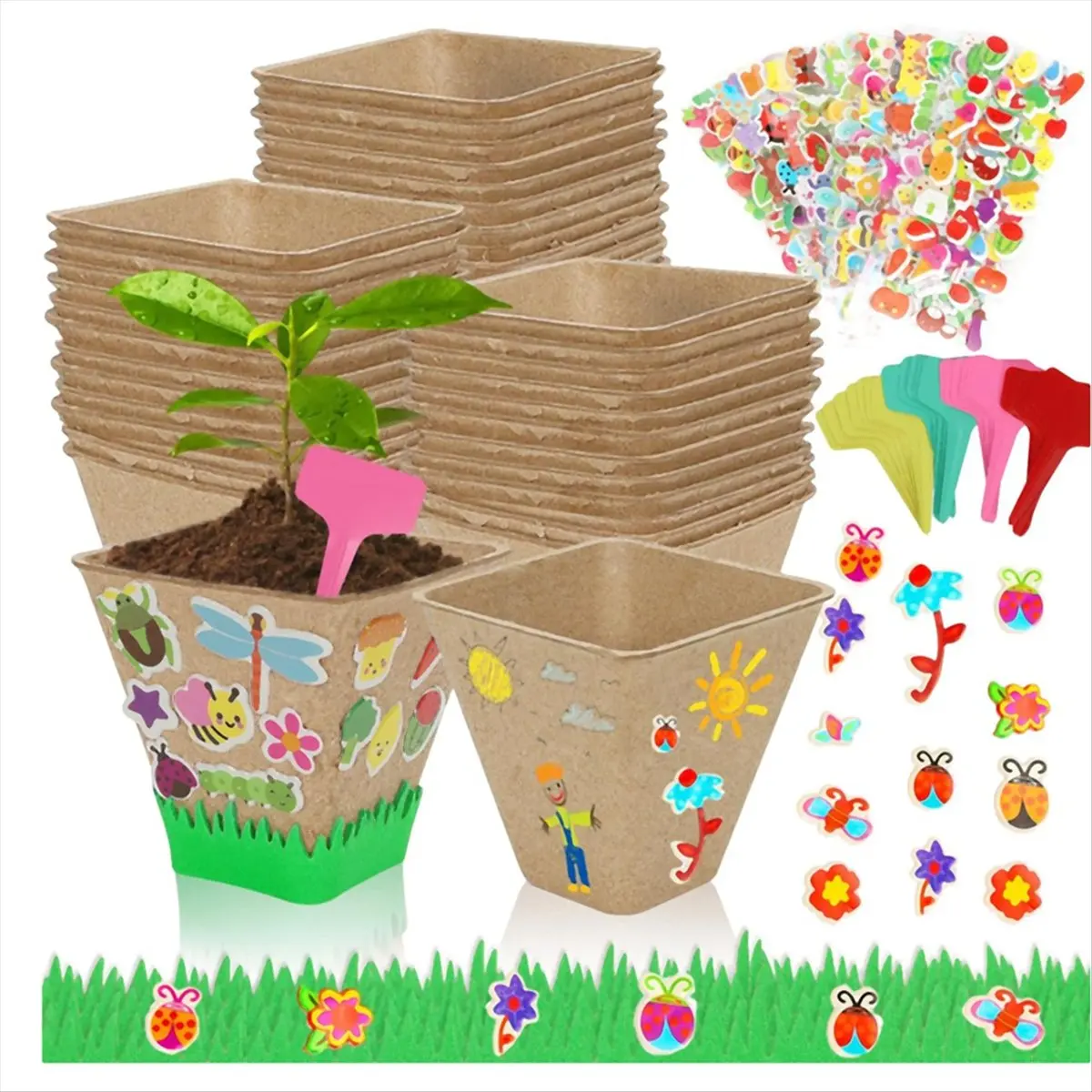 ABLG 50 Set Garden Paper Pot Craft Kit,50Pcs Paper Mache Pots Peat Plant Pots with 20set Foam Stickers & 50Pcs Pots Labels