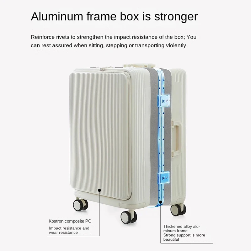 Aluminum Frame Front Open Luggage USB Charging Port with Cup Holder Trolley Suitcase 24" Universal Wheel 20"Travel Boarding Case