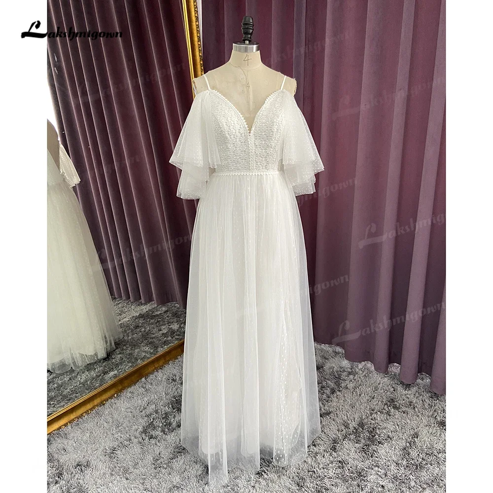 Ivory Tulle Boho Wedding Dresses with Deep V Neck Backless Robe Behemian Lace Beach Bridal Gowns vestido de novia Real Photos