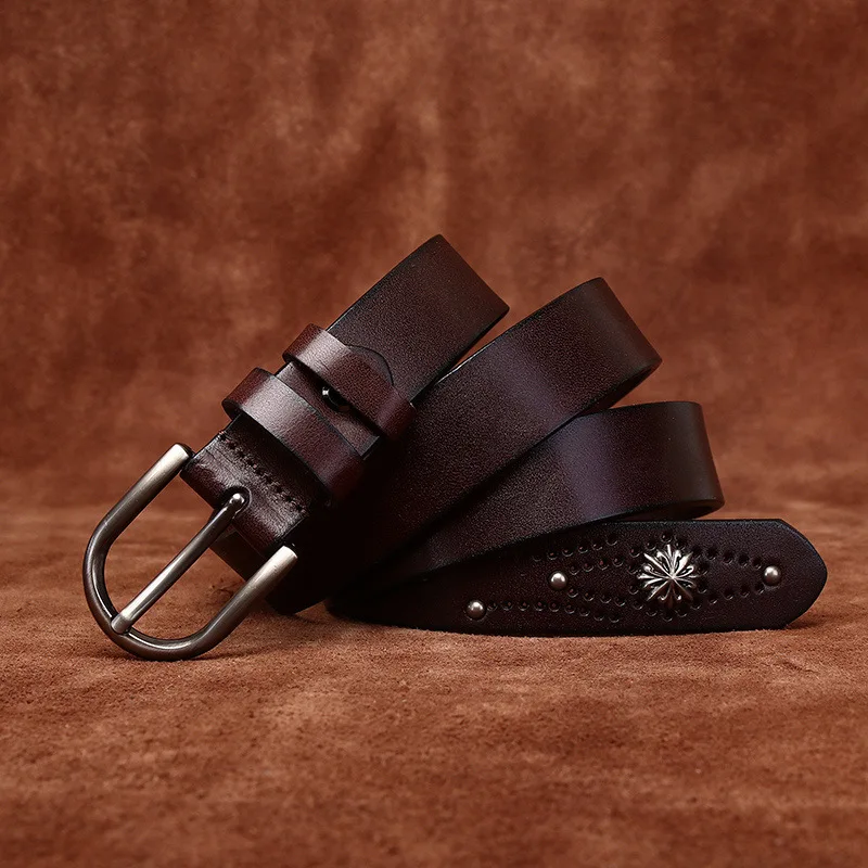 Vintage Versatile Trendy Genuine Leather Women's Belt Top Layer Pure Cowhide Needle Buckle Casual Jeans Waist Belt Female Model