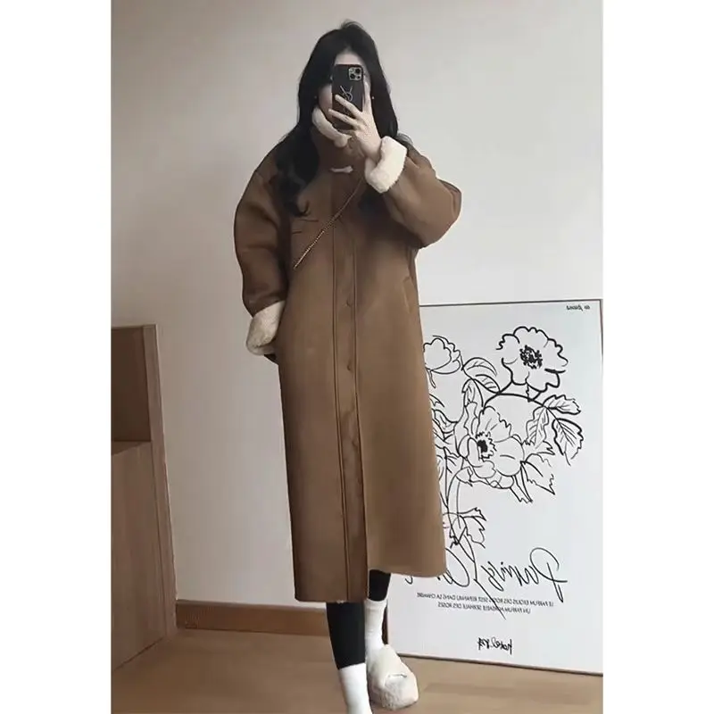 Single Breasted Faux Lamb Fur Coat for Women, O-Neck Long Jacket,Thick Warm Clothes,England Style,Autumn and Winter