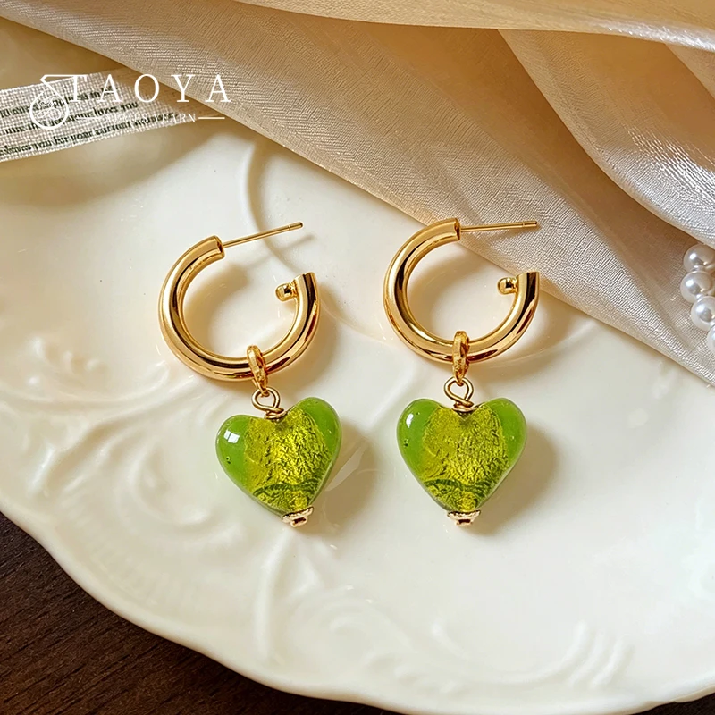 2026 New Green Resin Gold Sand Heart-Shaped Dangle Earrings For Women's Sweet Trendy Accessory Party Unusual Jewelry Earrings