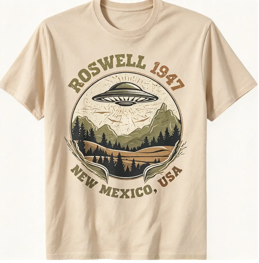 2026 Men Roswell 1947 UFO Graphic T Shirt Vintage Alien Spaceship Print Short Sleeve Casual Tee Tops