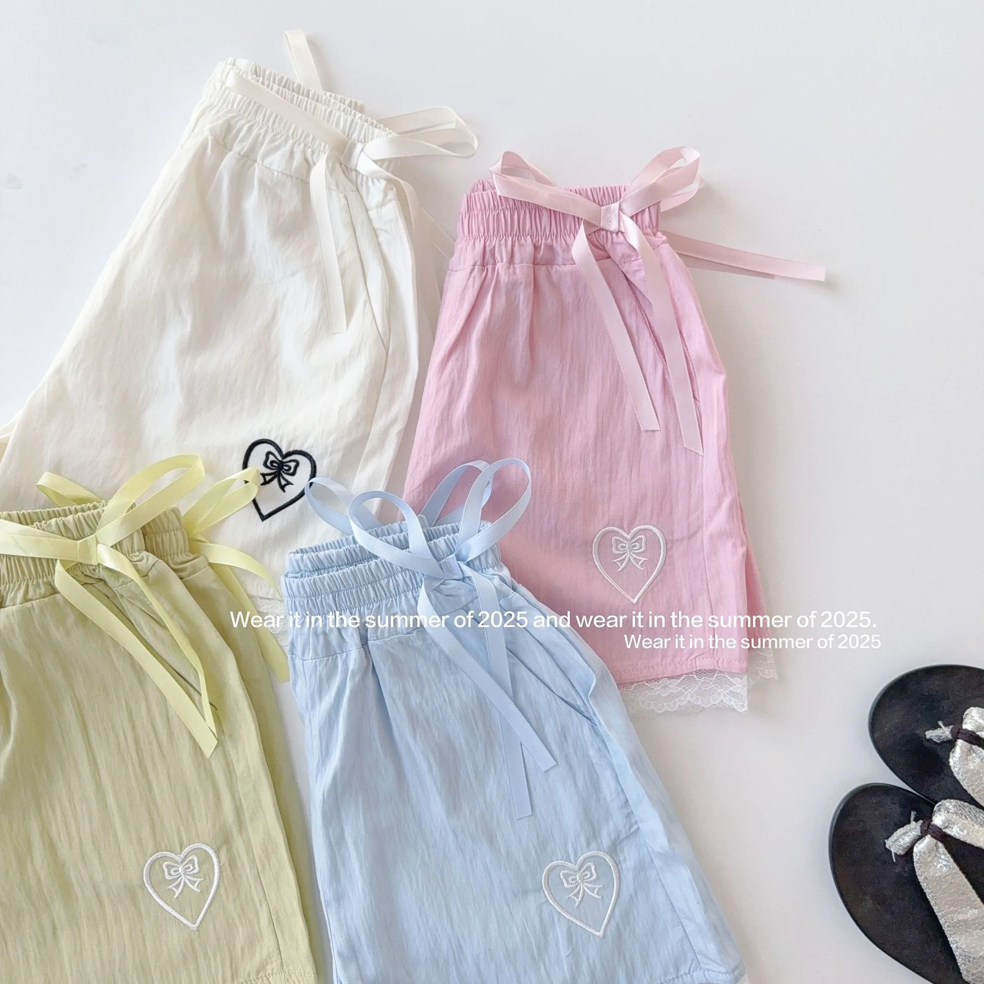 Embroidery Bows Patch Lace Elastic Waist Wide Leg Shorts 2-10Y Children Summer Active Bottoms Kids Girls Candy Color Shorts