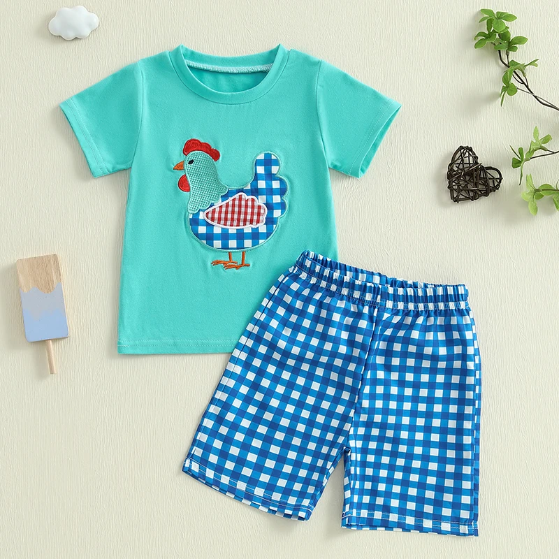 Boys Summer Outfit Sets with Short Sleeve O Neck Chick Golf Court Cattle Head Embroidery Tops and Plaid Shorts - Stylish and