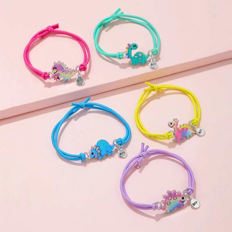 5Pcs/set Cute Cartoon Dinosaur Acrylic Charm Stretch Rope Bracelet for Girls Hairband Use Party Birthday Gift