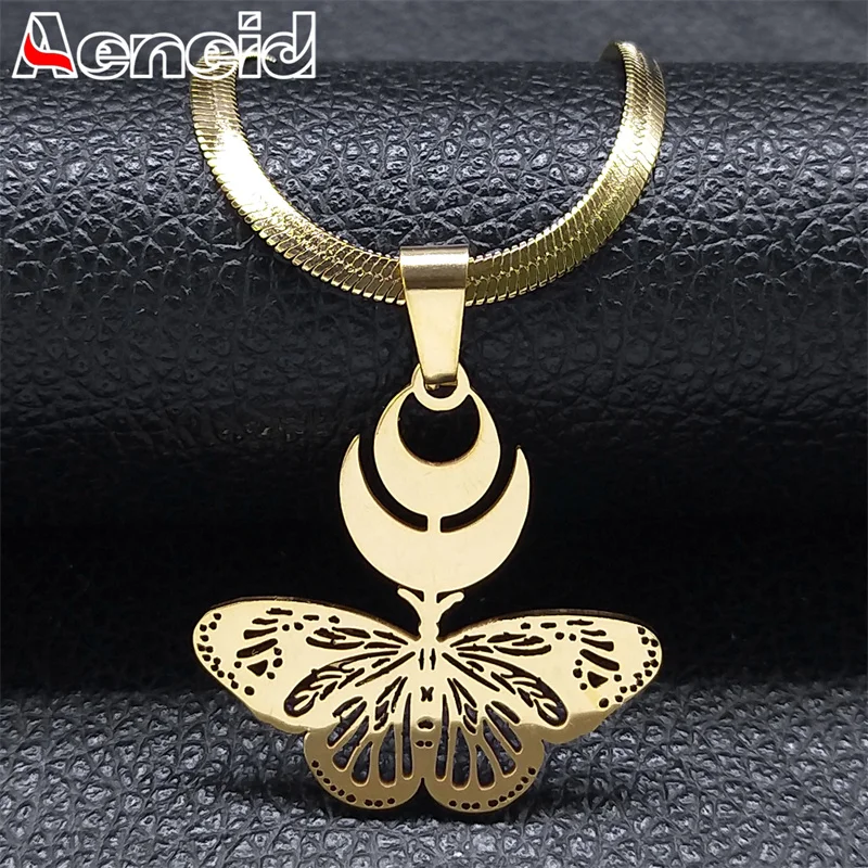 Witch Crescent Moon Butterfly Necklace Wicca Insect Hollow Stainless Steel Gold Color Pendant Snake Blade Chain Jewelry N8553S04