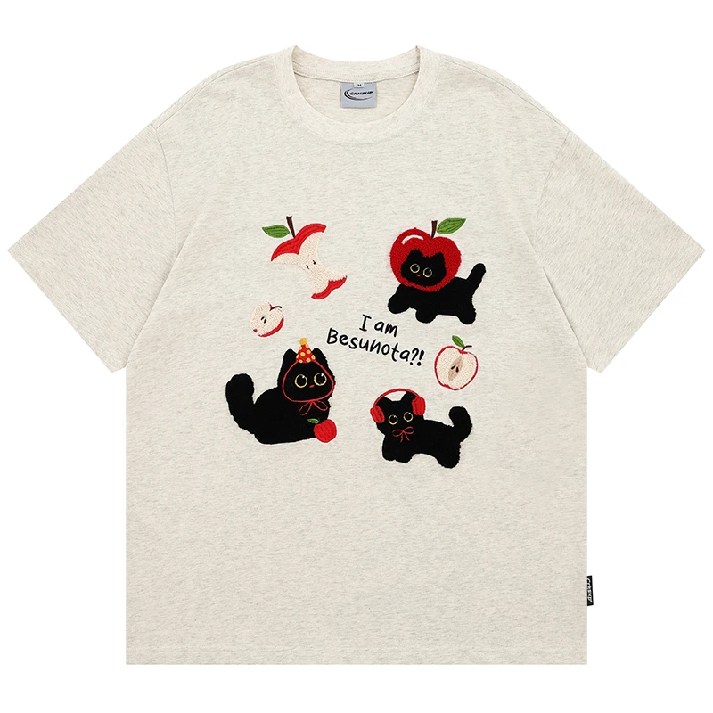 

Summer Mens Short Sleeve Tshirts Hip Hop Cute Cat Towel Embroidery Graphic T-Shirts Streetwear Harajuku Casual Cotton Tops Tees