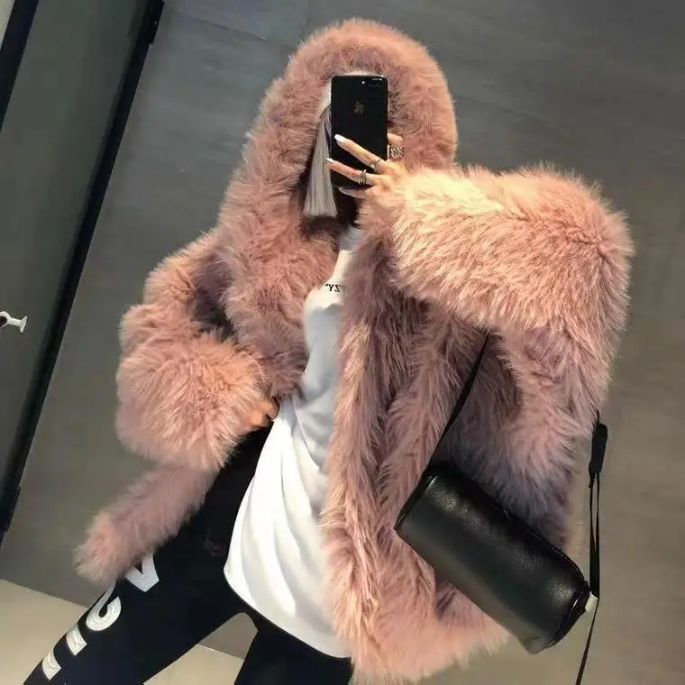 winter 2024 new Korean version of fox fur imitation fur coat women's medium length Internet red fried street hooded fur coat