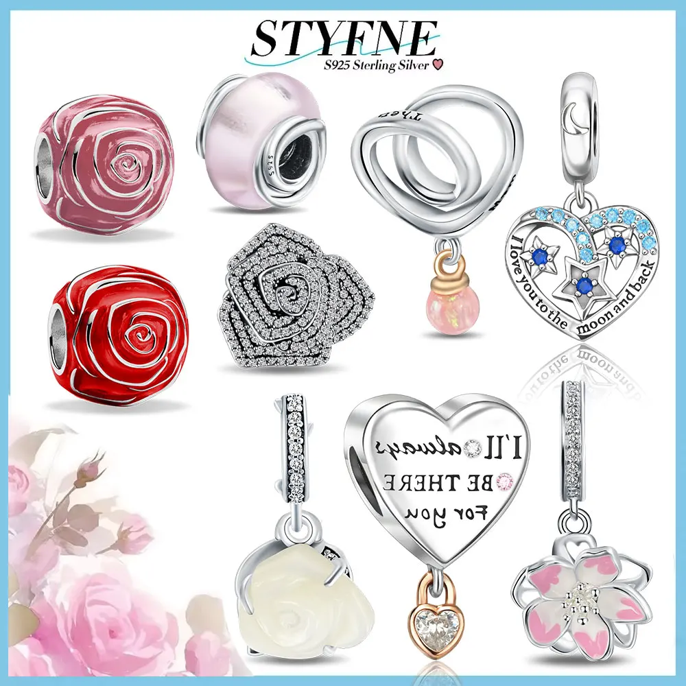 Sterling Silver 925 Charm Sparkling Rose in Bloom Charms Fit Original Beads Bracelet Beads for Silver 925 Jewelry Making