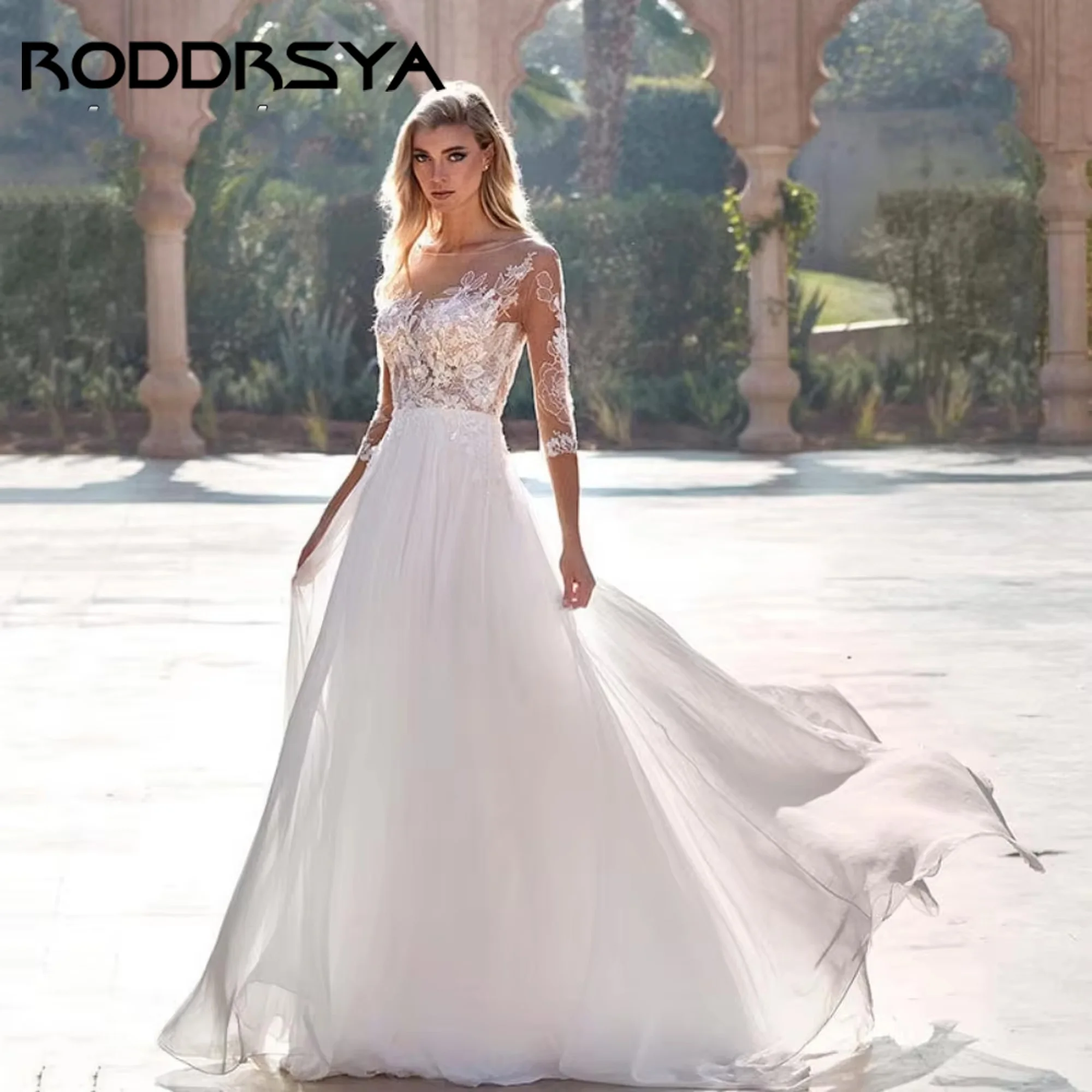 

Elegnt Flow A Line Wedding Dresses Applique Tulle Boat Neck Illusion Bride Dress Sweep Train Custom Bridal Gown Vestido De Novia