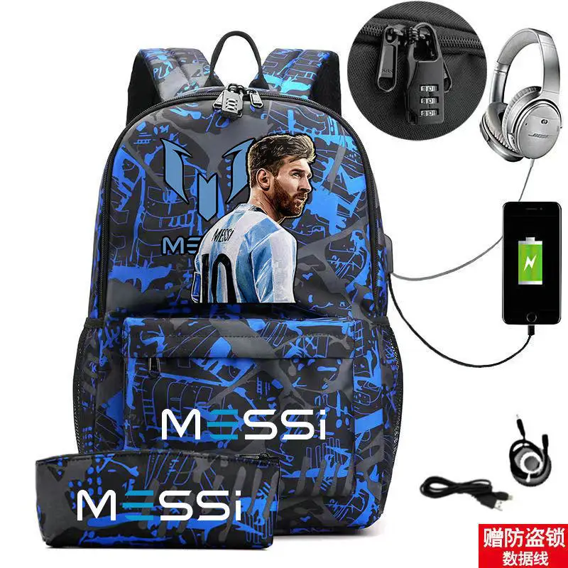 Mochila de Messi para hombre y mujer, morral escolar de dibujos animados para ordenador portátil, 2 piezas