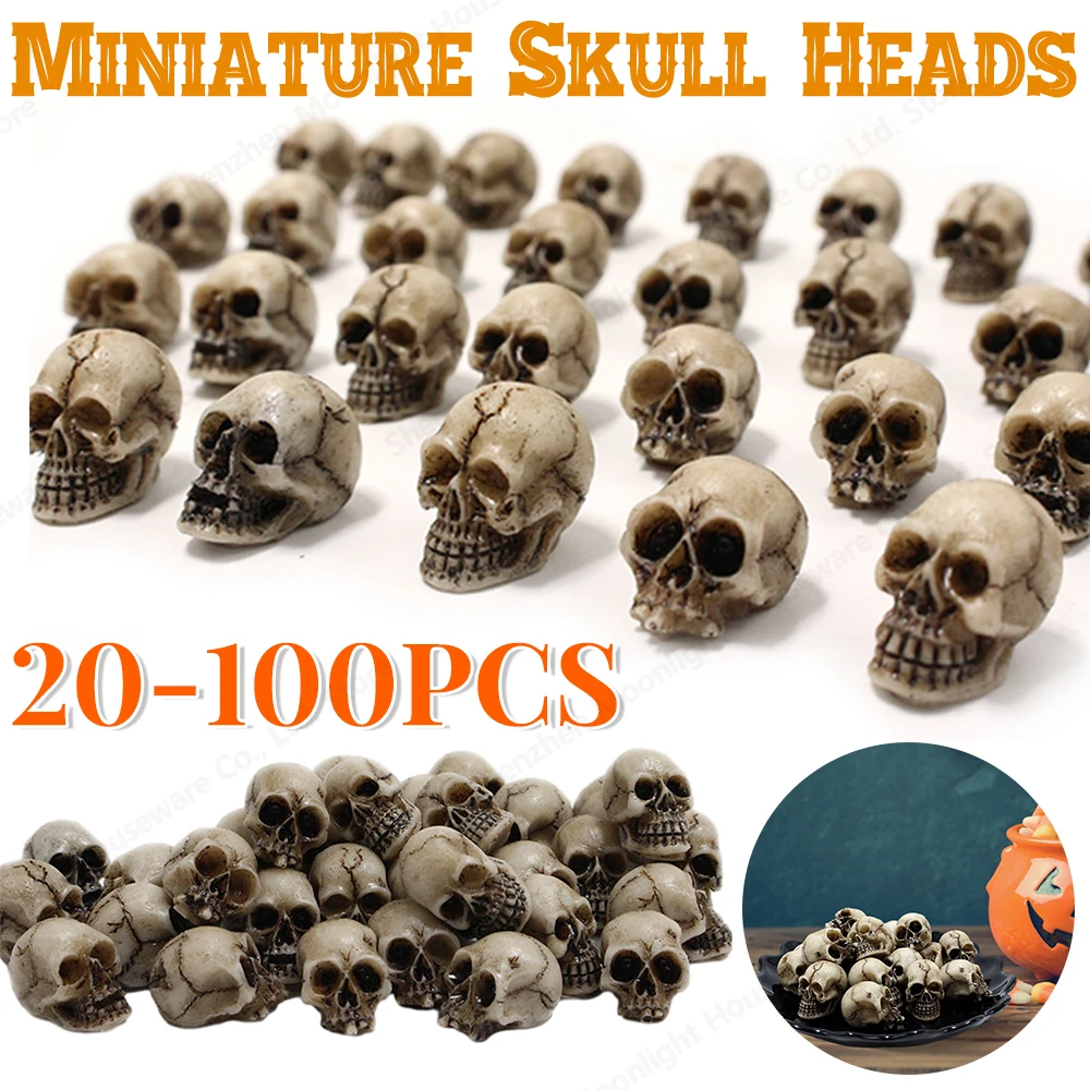 100 Stück Mini-Schädelfigur zum Sammeln, Halloween-Miniatur-Schädelköpfe, kreatives Festival-Thema, Landschaft, Garten, Topfpflanze, Dekor