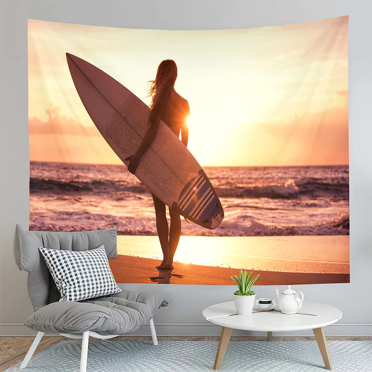 Sunset Beach Tapestry Sea Surfing Surfer Girl Tapestry Sunset Seascape Tapestry Art Home Living Room Bedroom Decor Tapestries