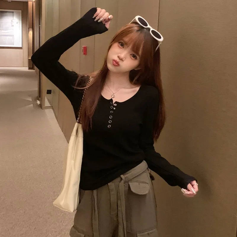 تي شيرت نسائي بأكمام طويلة متين وبسيط ومتوافق مع تصميم كاجوال بصدر واحد ملابس علوية للتخسيس Ulzzang High Street College Inner