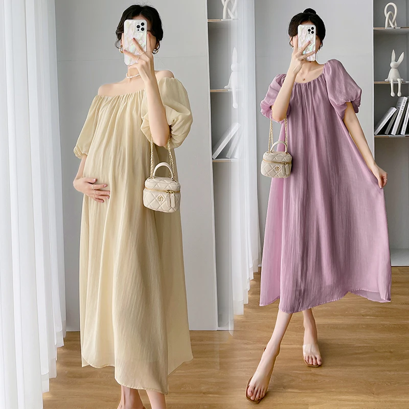 Solid Color Pregnancy Summer Dresses Puff Sleeve Stretched Slash Neck Maternity Beach Dress Long Loose Pregnant Women's Clothes